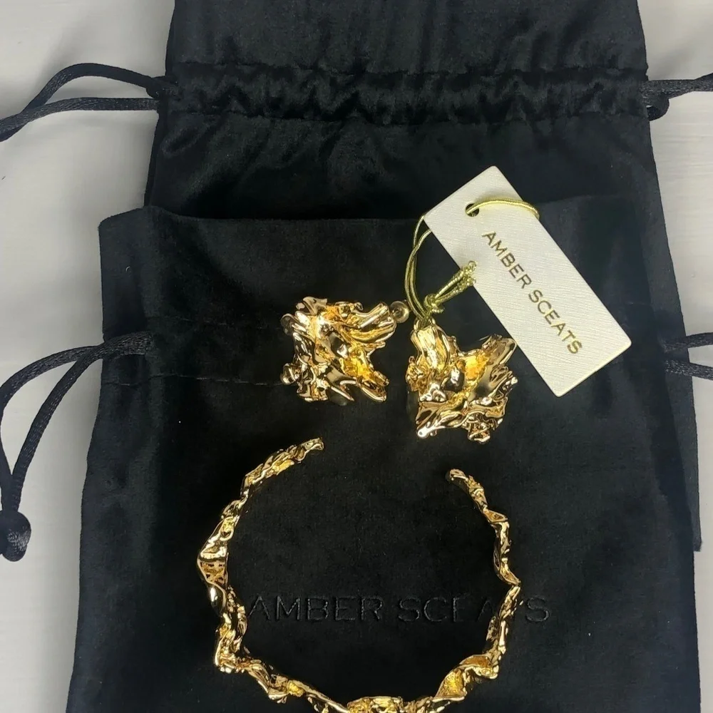 NEW Amber Sceats Emery cuff bracelet Reese earrings 24K Gold crushed sculptured